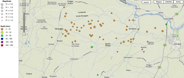 epicentro terremoto ferrara, epicentri sciame sismico modena 20 maggio 2012